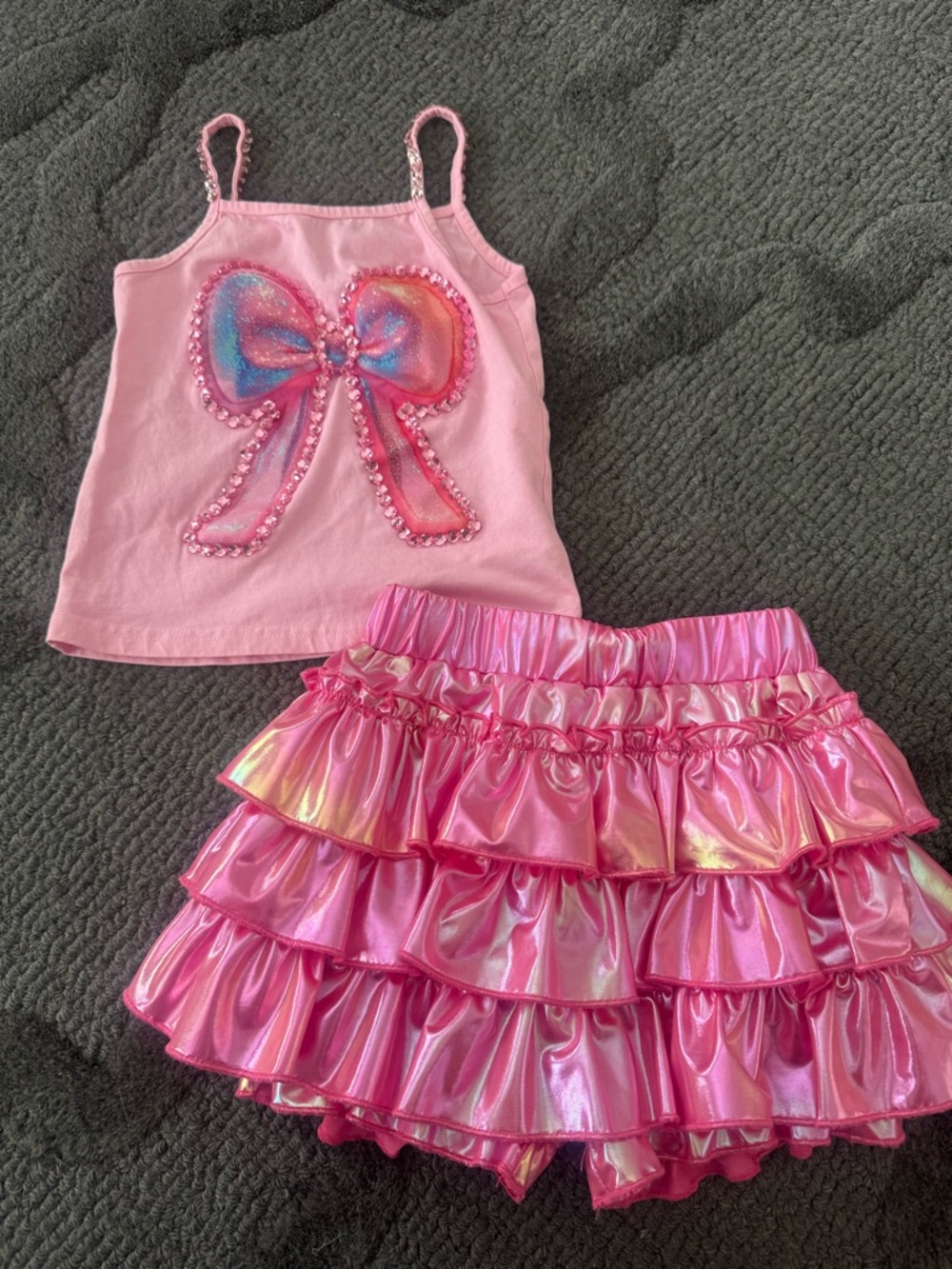 Lola + The Boys Pink Bow Tank Top with Shimmery Pink Ruffle Skirt Set